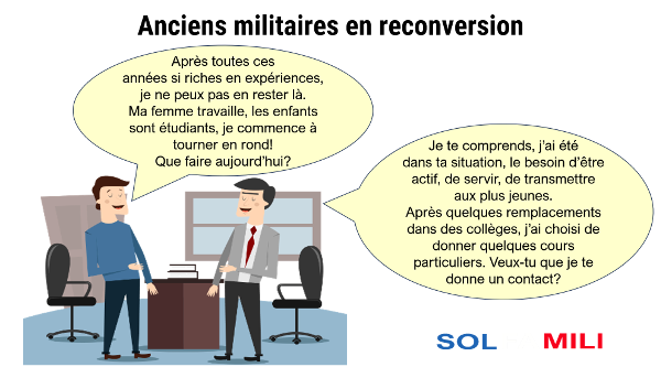 Des solutions de soutien aux familles pour les anciens militaires qui recherchent un job permettant de transmettre aux plus jeunes leurs expériences et compétences, aide aux devoirs et remédiation scolaire